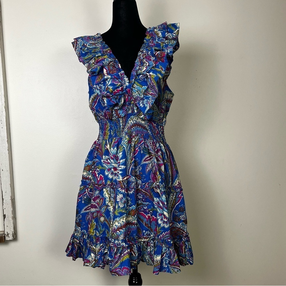House of Harlow 1960 royal blue paisley ruffled mini dress size large
